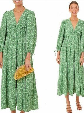 Tuckernuck Hyacinth House Ditsy Floral Mila Midi Dress Green Small EUC